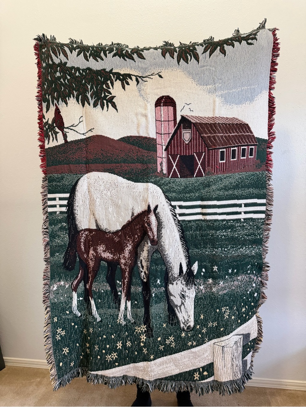 Vintage 90s Farm Horse Barn Fringe Tapestry Blanket 65” X 45” Mare Colt MMW 1995